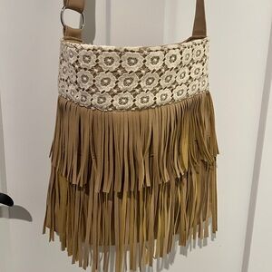 Tan and White faux leather Shoulder Bag with Fringe and boho floral Lace NWOT